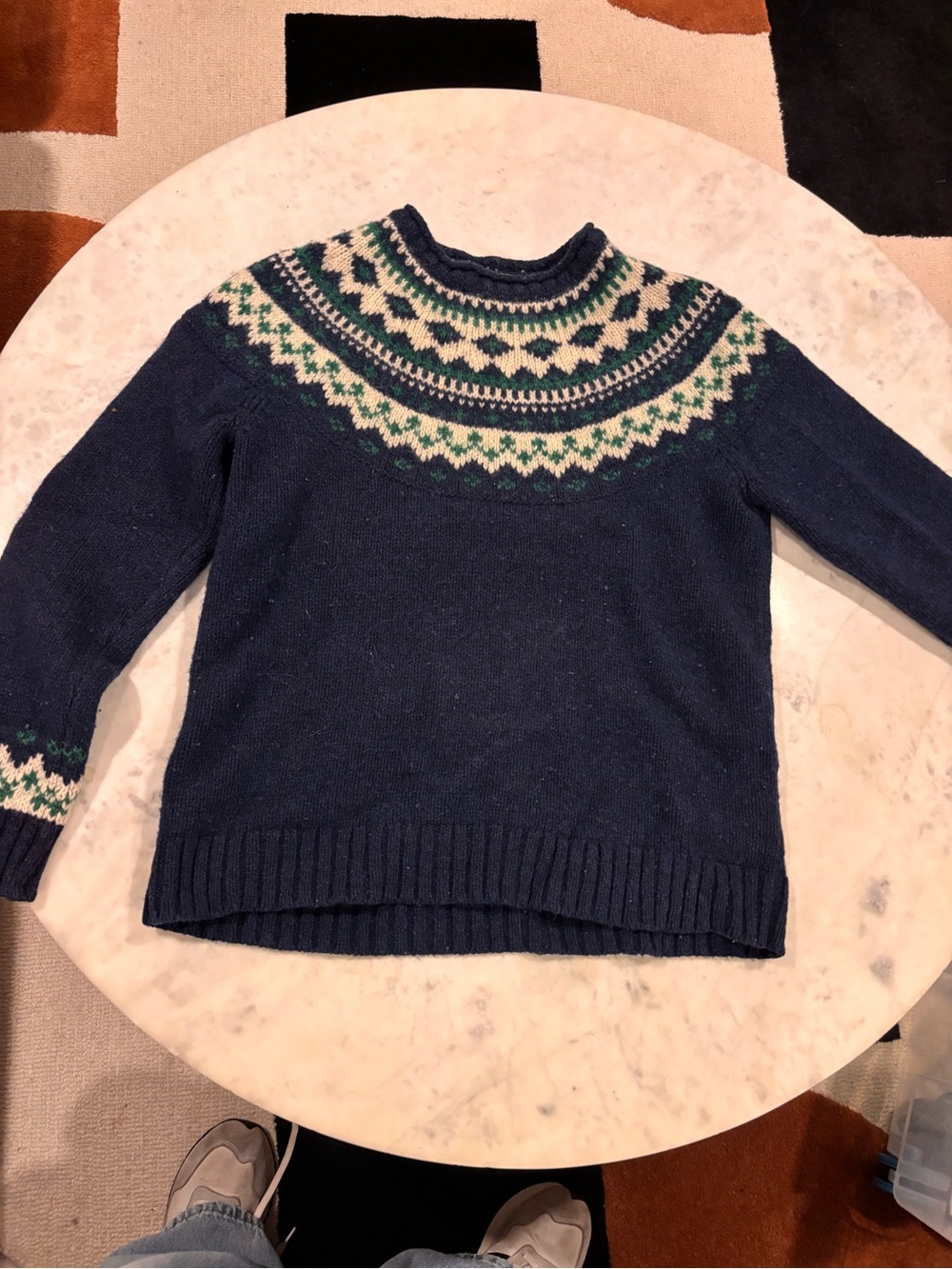 L.L. Bean Navy Fair Isle Turtleneck Sweater with Cream and Green Yoke